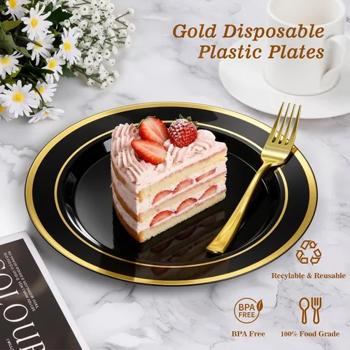 Miniatura 2 de BESTVIP 100 platos de plástico negro, platos desechables de 10.25 pulgadas para fiesta con borde dorado para Navidad, Acción de Gracias, platos
