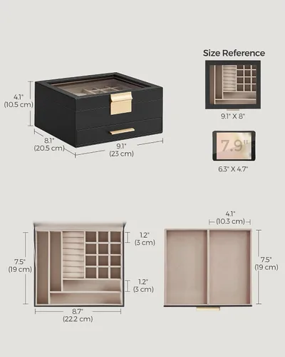 Miniatura 5 de SONGMICS Joyero con tapa de vidrio, organizador de joyas de 2 capas, 1 cajones, almacenamiento de joyas, moderno, idea de regalo, color grafito