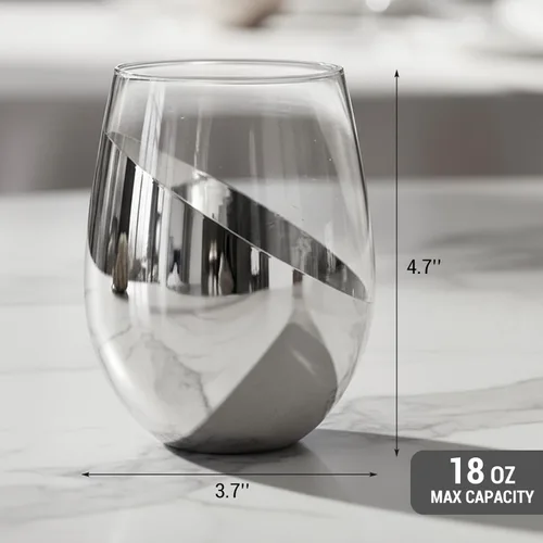 Miniatura 3 de MyGift Juego de 6 copas de vino modernas sin tallo, copas de vino blanco o tinto con fondo metálico plateado en ángulo plata (juego de 6)