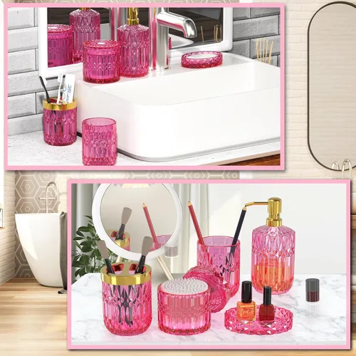 Miniatura 8 de Juego de accesorios de baño rosa intenso de vidrio 5 piezas, juego de baño rosa intenso, juego de dispensador de jabón y soporte para cepillo