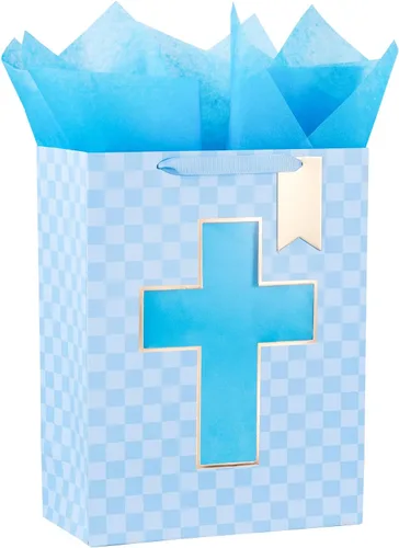 Miniatura 8 de Loveinside Bolsa de regalo azul, bolsa de regalo con diseño de cruz religiosa y puntos con papel de seda, etiqueta para bautismos de bebé, baby