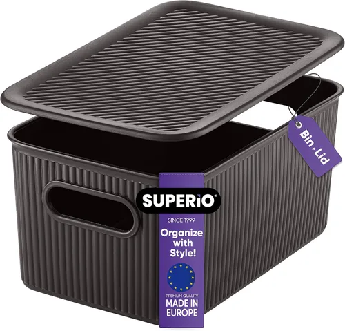 Miniatura 10 de Superio Ribbed Collection – Cesta decorativa de plástico con tapa para el hogar, tamaño XL, color marrón (paquete de 1 – 22 litros), caja apilable
