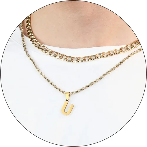 Miniatura 19 de SENRAN Collar con inicial en capas de la A a la Z para hombre, cadena de cuerda torcida de acero inoxidable de 18 a 20 pulgadas, dije de letra
