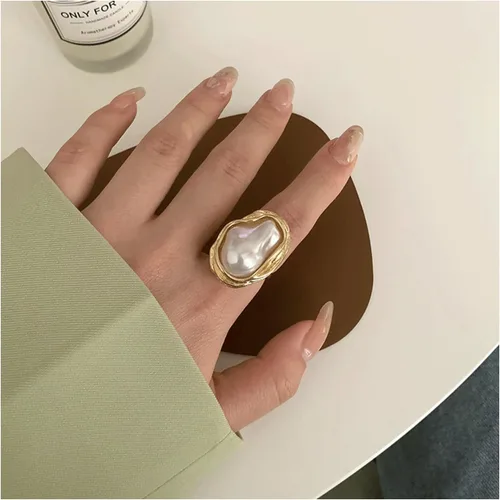 Miniatura 3 de NORLSO Anillo de perlas barrocas delicado, anillo geométrico de perlas irregulares, anillo abierto ajustable, regalo de boda y cumpleaños