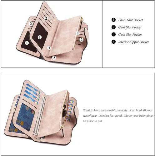 Miniatura 6 de KELEEL Cartera de cuero para mujer, monedero de embrague para tarjetas de crédito, soporte para monedas, plegable, Rosado, Classic