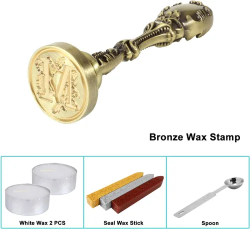 Miniatura 6 de Yoption Kit de sellos de cera con iniciales del alfabeto, sello antiguo de sello de letra M con mango de bronce galvanizado, kit de caja de regalo