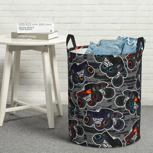 Miniatura 8 de Monster Truck - Cesta redonda para ropa sucia, para niños, cesta de almacenamiento para juguetes, organizador de ropa, para el hogar, baño