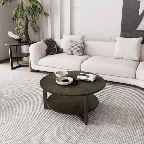 Miniatura 6 de Mesa auxiliar redonda con estante de almacenamiento, mesa central circular de 33.5 pulgadas con patas de metal negro, mesa de cóctel industrial de 2