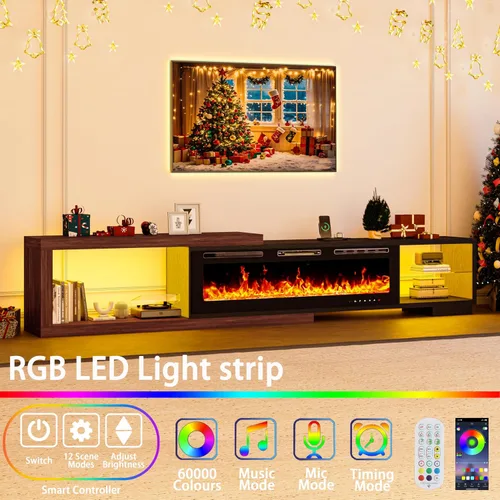 Miniatura 2 de Soporte de TV extensible con chimenea eléctrica de 71 a 116 pulgadas, moderno centro de entretenimiento con luces LED y toma de corriente para TV