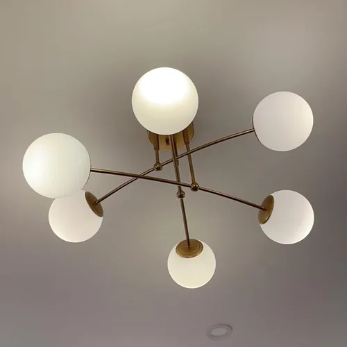 Miniatura 8 de CLAXY - Lámpara de techo dorada de mediados de siglo, semiempotrada, lámpara de globo de ópalo Dimmable 6-Light Sputnik Ceiling Chandelier E26