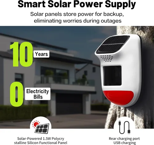 Miniatura 2 de Alarma Solar con Sensor de Movimiento - Sirena de Seguridad Impermeable IP65 de 120dB con Control Remoto y Luz Estroboscópica, 3 Modos