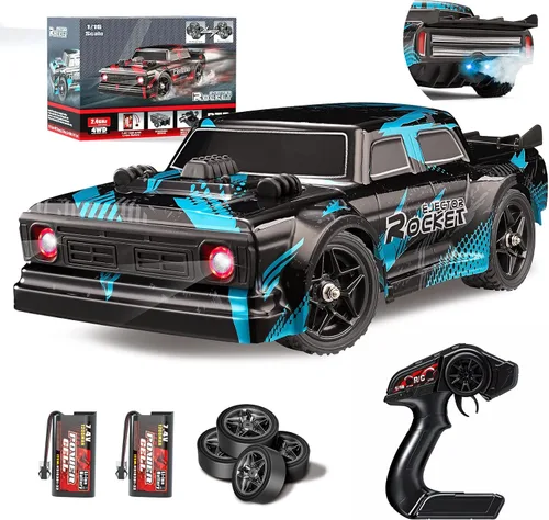 Coche de deriva RC 1/16, 35 KM/H 4WD de alta velocidad con motor 380, dos baterías y luz LED y aerosol, auto RC de 2.4 GHz para adultos y niños