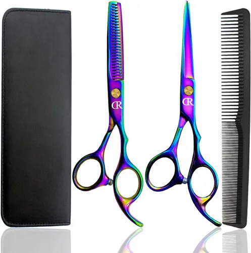 Miniatura 7 de Juego de tijeras de corte de cabello profesional, kit de tijeras de corte de pelo de peluquería de 6 pulgadas, tijeras de adelgazamiento de Arco iris