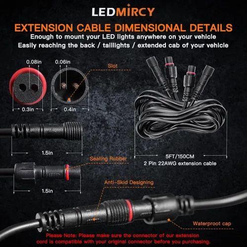 Miniatura 2 de LEDMIRCY Cable de Extensión para Luces LED de Roca Cable de Alambre de 2 Pines Impermeable 2PCS 5ft 22AWG con Conectores Macho a Hembra Tuerca