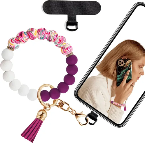 Miniatura 18 de Correa de muñeca de teléfono con cuentas de silicona, pulsera para teléfono con lengüeta de sujeción, pulsera manos libres para iPhone (negro)