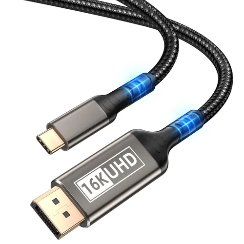 Cable USB C a DisplayPort 2.1 de 16K de 6.6 pies, tipo C a puerto de pantalla 8K a 120Hz 4K @240Hz, Thunderbolt 3/4/5 compatible con iPhone 17/16/15