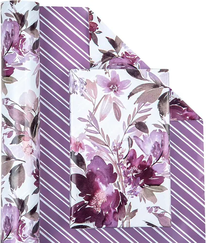Miniatura 3 de WRAPAHOLIC Papel de regalo floral reversible, mini rollo, 17 pulgadas x 33 pies, diseño floral morado para bodas, cumpleaños, día de San Valentín