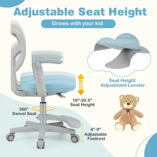 Miniatura 4 de HONEY JOY Silla de escritorio para niños, silla de estudio para niños con altura ajustable, reposabrazos/reposapiés, silla giratoria de malla