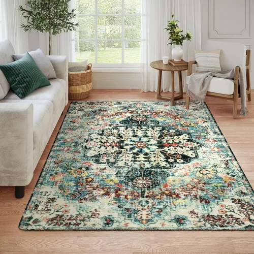Miniatura 41 de Lahome Alfombra bohemia con medallón floral, 4 x 6 pies, color verde azulado, suave, lavable, antideslizante, apta para mascotas, alfombra