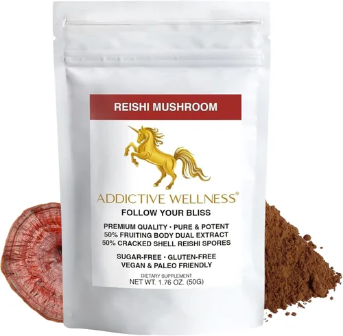 Addictive Wellness Polvo de extracto de hongos Reishi + esporas (mezcla 50/50) cultivado en madera, puro y potente Ganoderma silvestre 50 g (1.76 oz)