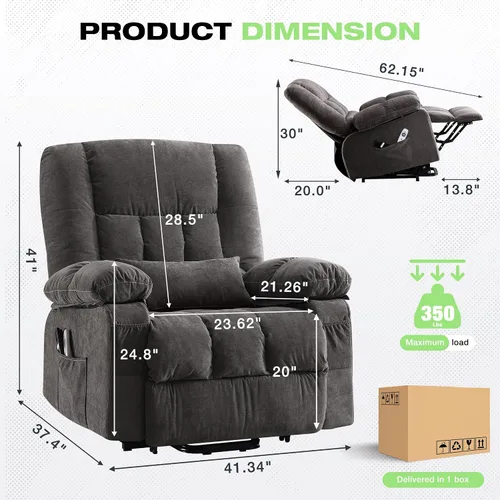 Miniatura 2 de BOSMILLER Silla reclinable eléctrica con masaje y calor para ancianos, silla elevadora eléctrica con carga USB y bolsillos laterales, adecuada