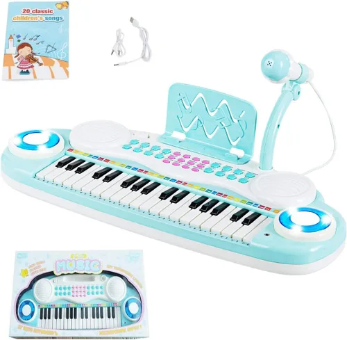Miniatura 10 de Costzon Piano de teclado de juguete para niños de 37 teclas con patas desmontables, banco, partitura de música, luz flash, canciones MP3 integradas
