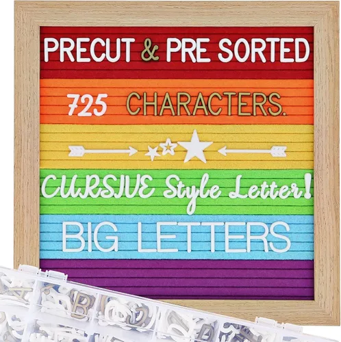 Miniatura 12 de Tablero de letras de fieltro – precortadas y clasificadas, 725 caracteres blancos y dorados, letras cursivas, grandes, cambiables con soporte