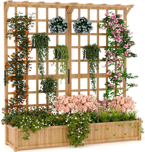 Miniatura 8 de GarveeLife Paquete de 2 macetas altas de madera con enrejado, cama de jardín elevada de 61.5 pulgadas de alto sobre ruedas, maceta vertical
