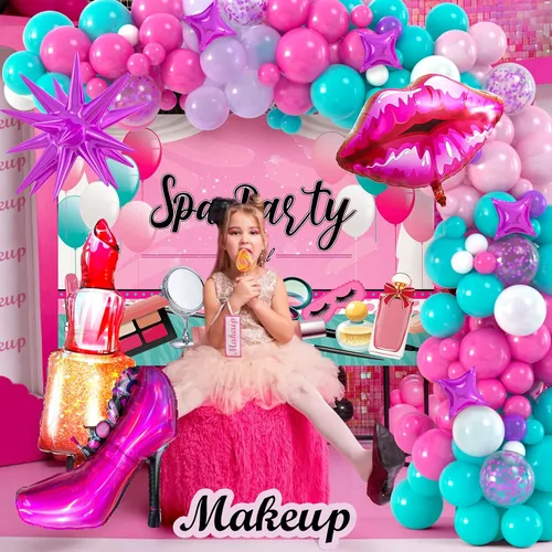 Miniatura 3 de 127 piezas de suministros de fiesta de spa para niñas, decoración de cumpleaños con guirnalda de globos, globos de papel de aluminio, telón