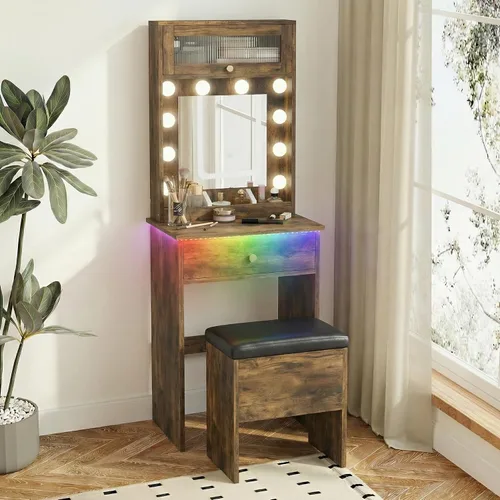 Miniatura 5 de ARTETHYS Escritorio pequeño con espejo y luces, tocador de maquillaje rústico pequeño con silla de almacenamiento, juego de mesa de maquillaje