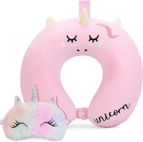 Miniatura 10 de Almohada de cuello para niños pequeños, almohada de cuello de viaje para niños para viajar con máscara para los ojos, artículos esenciales de viaje