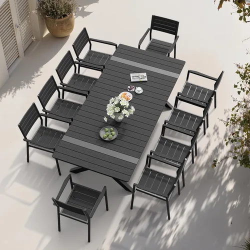 Miniatura 6 de Pellebant Juego de 2 sillas de comedor apilables para exteriores, sillas de patio de aluminio con brazos, para todo tipo de clima, para jardín, Negro