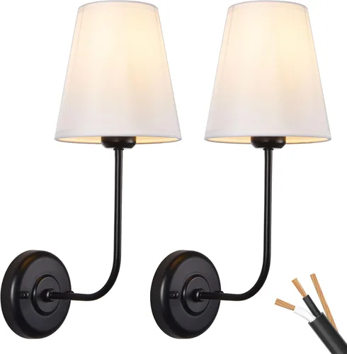 Passica Decor Juego de 2 apliques de pared cableados, estilo vintage, industrial, con pantalla de tela blanca acampanada para comedor, sala de