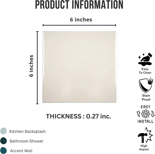 Miniatura 3 de Tenedos Azulejo de pared de cerámica brillante de 6 x 6 para baño y cocina, fácil de limpiar, duradero, diseño cuadrado clásico, caja de 8 piezas
