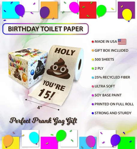 Miniatura 3 de Papel higiénico impreso TP Holy Poop You're 15 - Papel higiénico impreso con texto en inglés «Happy 15th Birthday» para la mejor broma, sorpresa