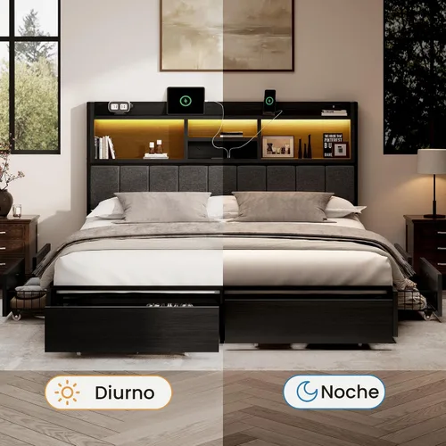 Miniatura 6 de BRELTAM Base de cama Queen con 6 cajones de almacenamiento, cabecera tapizada de lino, estación de carga USB integrada e iluminación LED, soporte