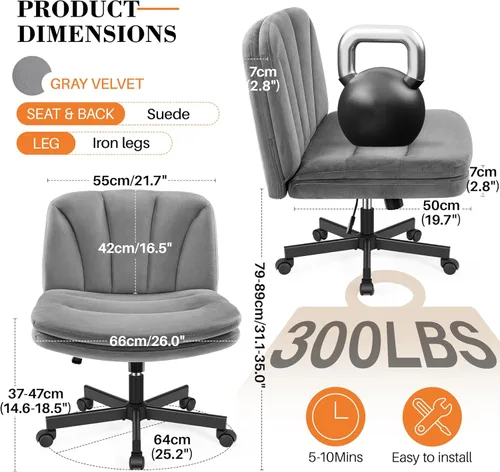 Miniatura 2 de FelixKing Silla Criss Cross con Ruedas, Silla de Oficina con Patas Cruzadas, Silla de Escritorio de Tocador Ancha sin Brazos con 2 Capas de gris