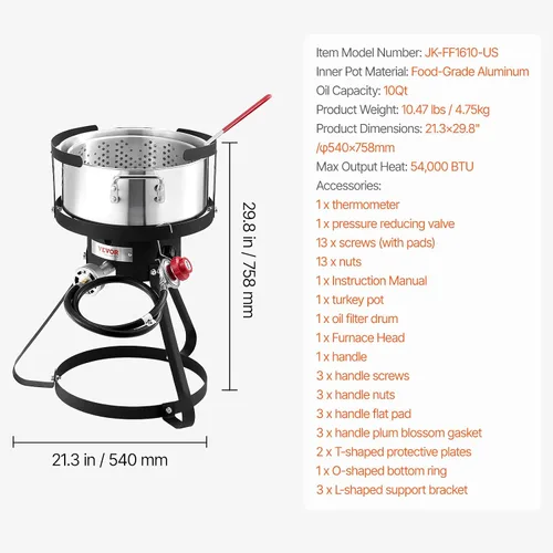 Miniatura 7 de VEVOR Freidora de Pescado y Alitas de 10 Qt, Kit de Freidora de Pescado de Propano de Aluminio, Freidora Profunda para Exteriores Olla para Mariscos