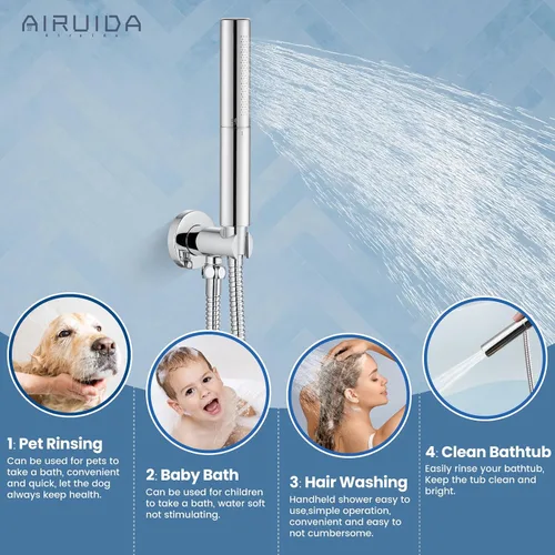 Miniatura 8 de Airuida Sistema de ducha con boquilla de bañera, cabezal de ducha redondo de 10 pulgadas con 2 funciones, ducha de mano, montaje en pared, juego