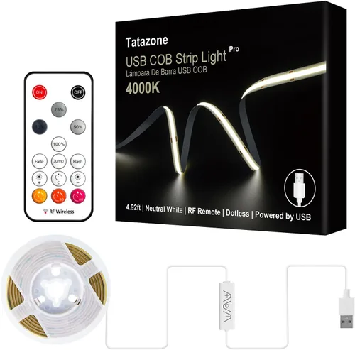 Tatazone Tira de luz LED COB USB de 5 V con control remoto RF, tira de luz LED COB regulable de 4.92 pies 4000 K alimentada por USB, luz LED COB
