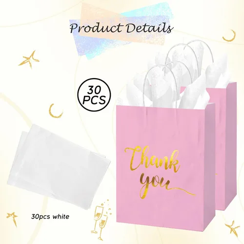 Miniatura 4 de 30 bolsas de regalo de agradecimiento con papel de seda dorado con asas para bodas, cumpleaños, negocios, compras, baby showers, recuerdos de Rosado