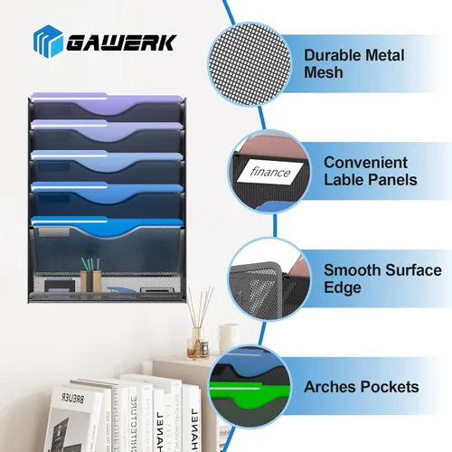 Miniatura 3 de Gawerk Organizador de archivos colgante de 6 niveles, soporte de malla para archivos de pared, estante para carpetas de papel con bandeja plana Negro