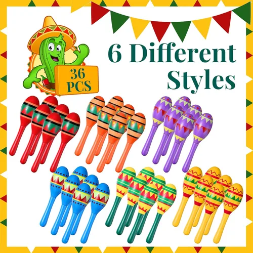 Miniatura 3 de Hungdao 36 piezas de mini maracas de madera para fiestas mexicanas a granel, 6 diseños de maracas de madera para fiestas de fiesta de Cinco de Mayo