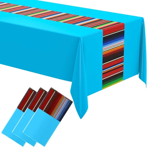 Miniatura 21 de Oudain Mantel de plástico para fiesta, 3 piezas, 108 x 54 pulgadas, desechables, impermeables, mexicanos, a rayas, para noche de tacos, festivales