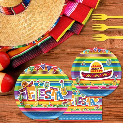 Miniatura 5 de 96 Piezas Decoraciones de Fiesta Fiesta Platos Mexicanos Juego de Vajilla para Decoraciones de Fiesta del Cinco de Mayo Suministros Platos de Postre