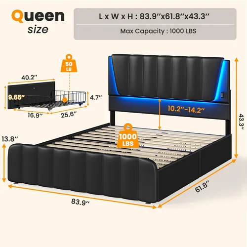 Miniatura 2 de AOGLLATI Base de cama Queen con cabecero y 4 cajones de almacenamiento, luz LED y 2 puertos USB, marco de cama LED tamaño Queen con soporte