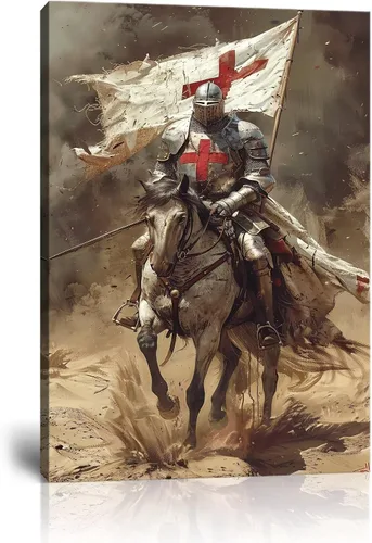 Pintura de Caballero Templario Soldado Retro Arte de Pared Decoración Medieval Cruzada Estética Cuadro para Sala de Estar Dormitorio Oficina
