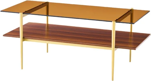 Miniatura 4 de Shrine - Mesa de café rectangular, diseño moderno de mediados de siglo, estructura de 2 niveles, parte superior de vidrio ámbar y estante de MDF