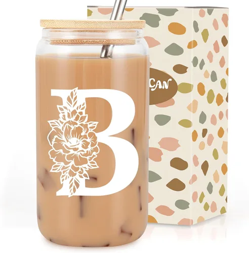 Taza de Vidrio Inicial Coolife, Regalos Personalizados para Mujeres, Tazas de Vidrio de 16 oz con Tapas y Popotes, Vaso para Café Helado, Licuado,
