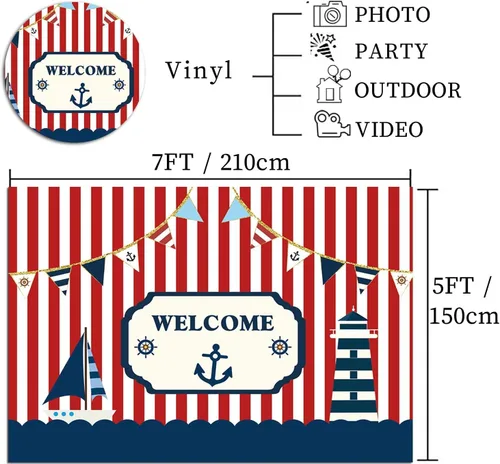 Miniatura 3 de Fondo de fotografía para fiestas temáticas náuticas de 7 x 5 pies, color rojo y blanco, a rayas marinas, barco, decoración de fondo para niños